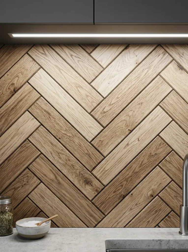Herringbone Wood Kitchen Backsplash Kitchen backsplash made of light oak wood boards arranged in a herringbone pattern under warm light.
