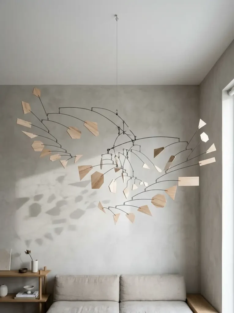 Hanging Balsa Wood Kinetic Mobile Large geometric balsa wood and black wire kinetic mobile suspended from a living room ceiling