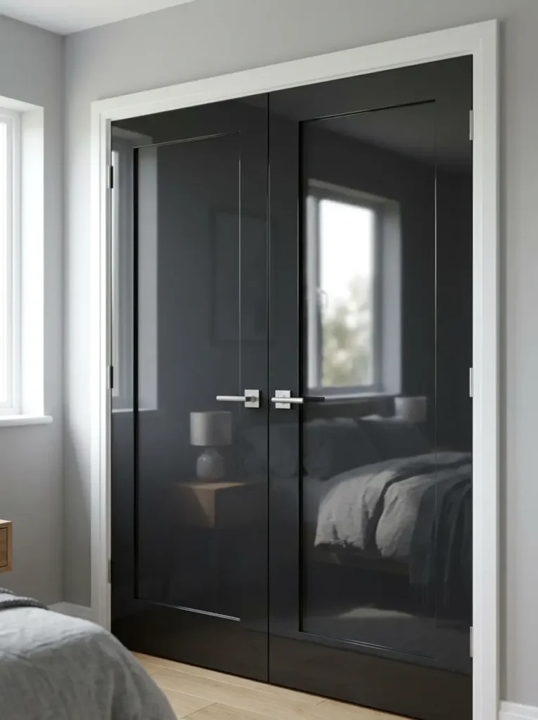 Double bedroom doors painted in a highly reflective liquid gloss charcoal black finish.