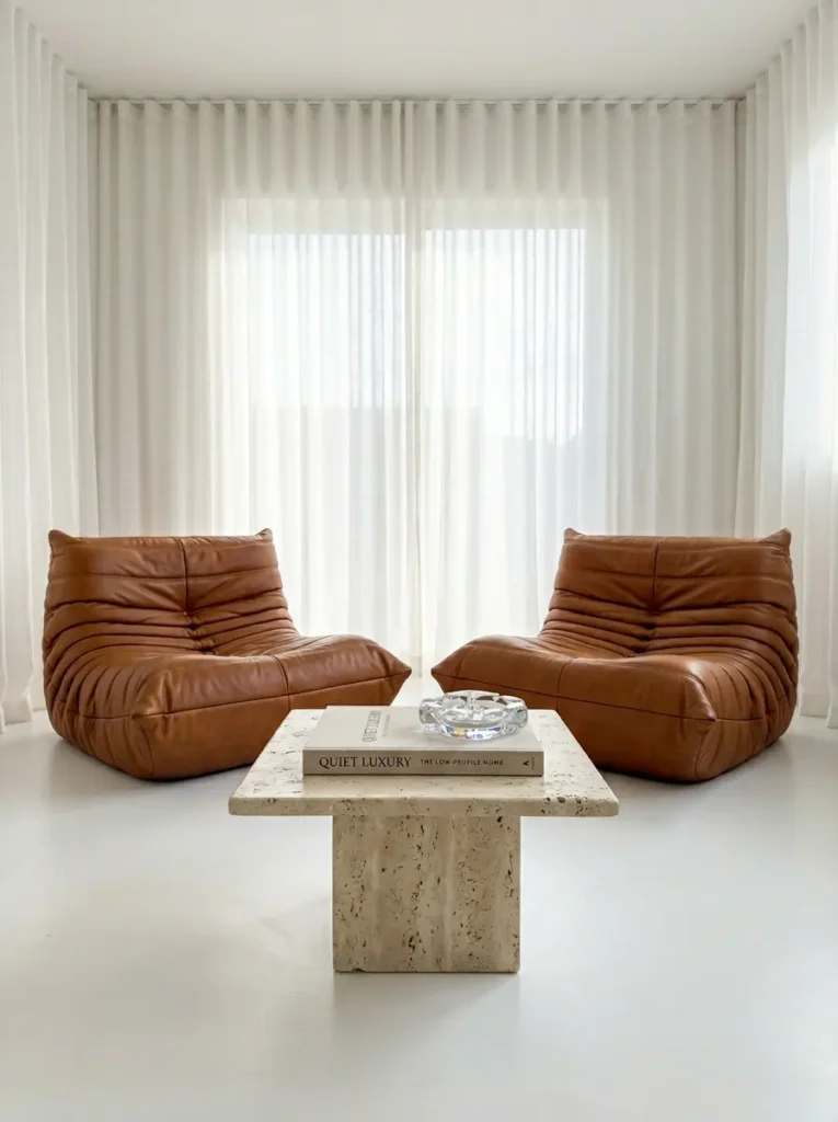 Two low brown leather floor chairs facing each other in a bright room