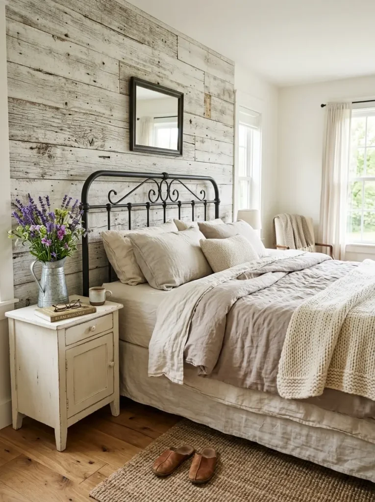 Weathered white panel headboard behind a bed with pink ruffled sheets and a blue chipped nightstand holding fresh wildflowers