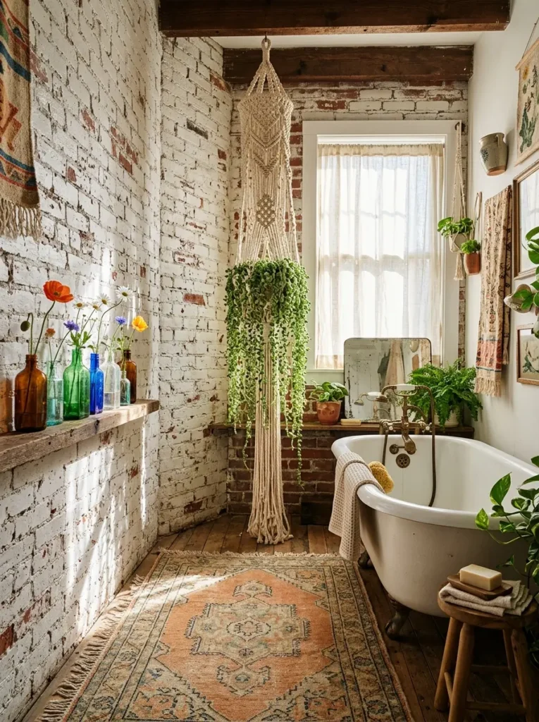 Distressed white brick walls with macrame plant hangers and a vintage clawfoot tub.