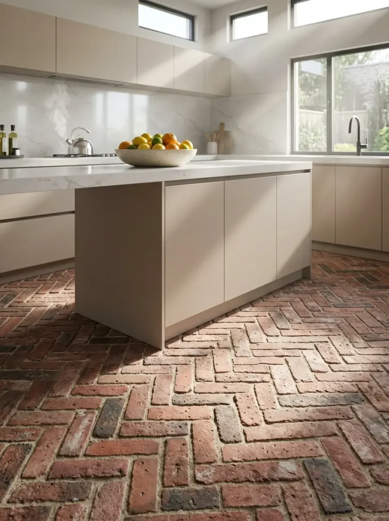 Tumbled red brick herringbone flooring in a kitchen with beige cabinets.