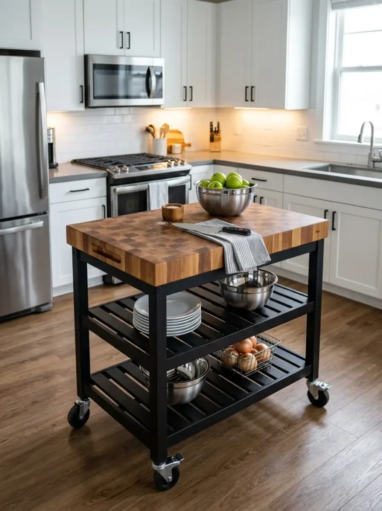 Rolling black metal kitchen cart with a thick wooden butcher block top