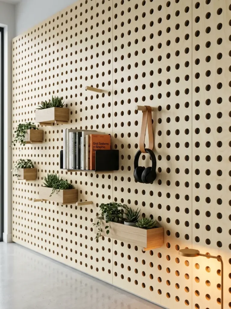 Large wooden pegboard wall holds shelves and hanging accessories