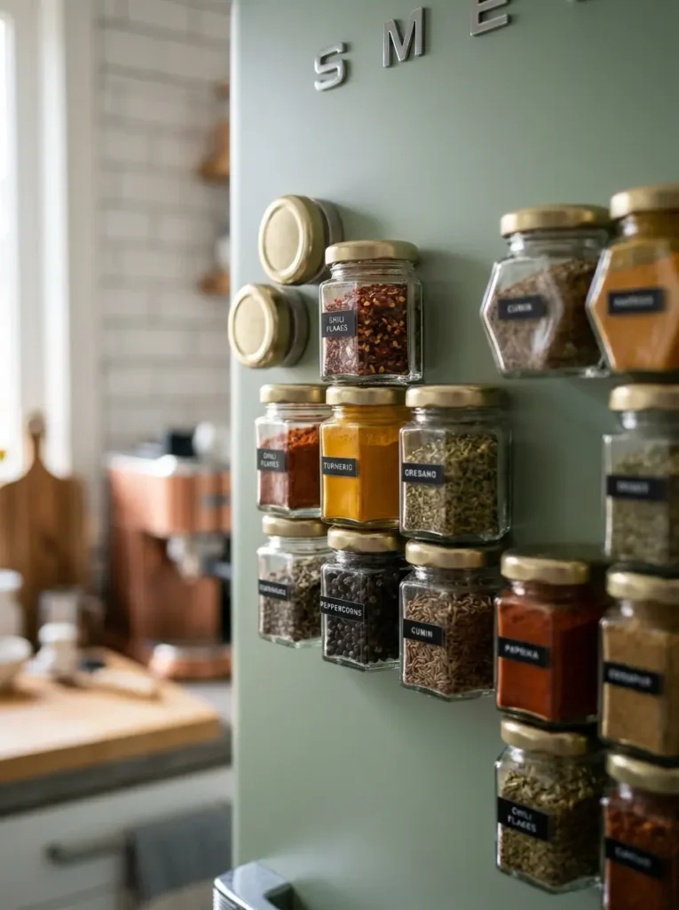 Hexagonal glass jars with gold lids attached magnetically to the side of a green refrigerator.