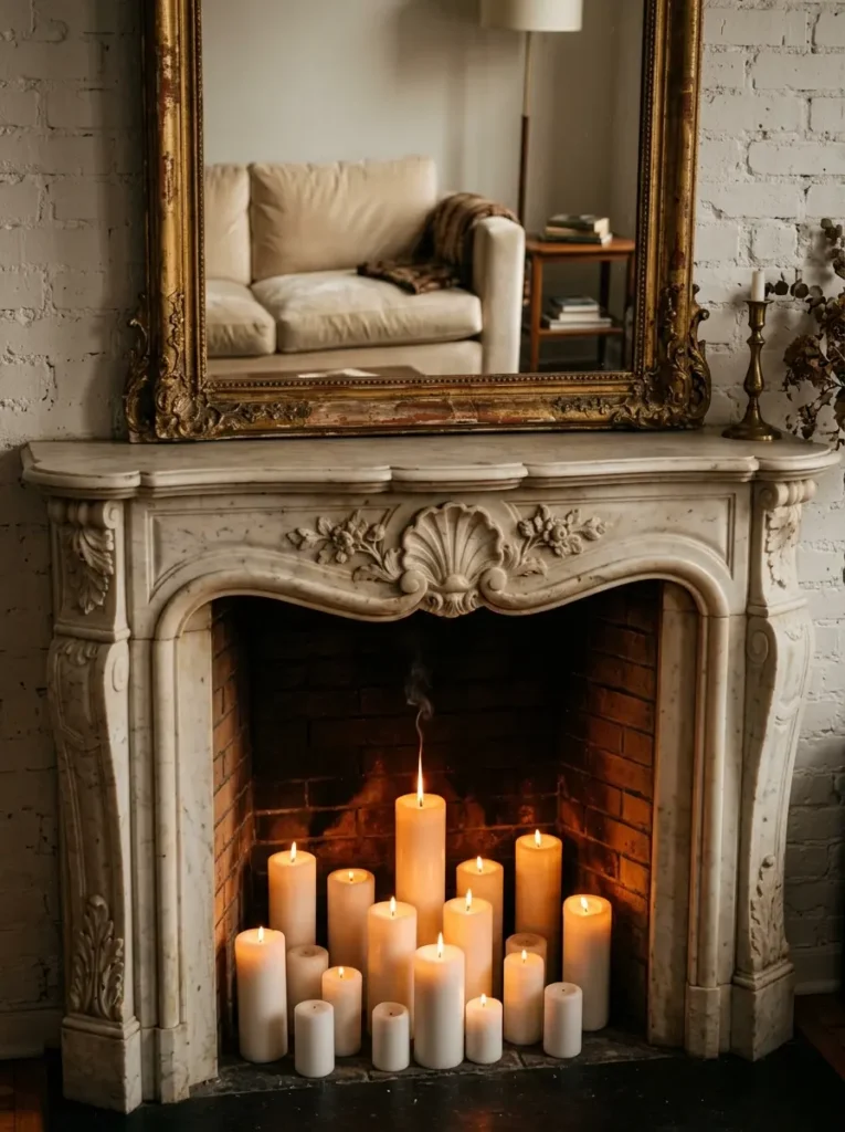 Candle Filled Fireplace Marble fireplace mantel filled with glowing pillar candles of varying heights.