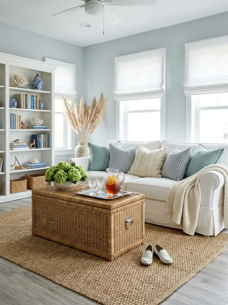 White slipcovered couch with blue pillows next to tall white bookshelf and woven wicker trunk coffee table