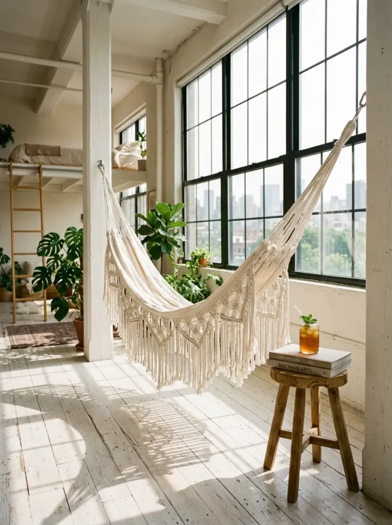 Creamy macrame indoor hammock in a bright loft apartment.