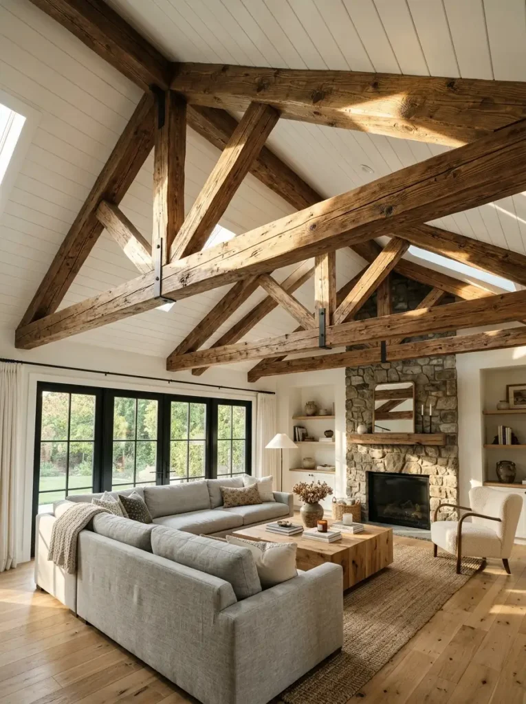 Rustic Faux Wood Ceiling Beams Living room featuring a vaulted ceiling with faux wood hollow beams and a stone fireplace.