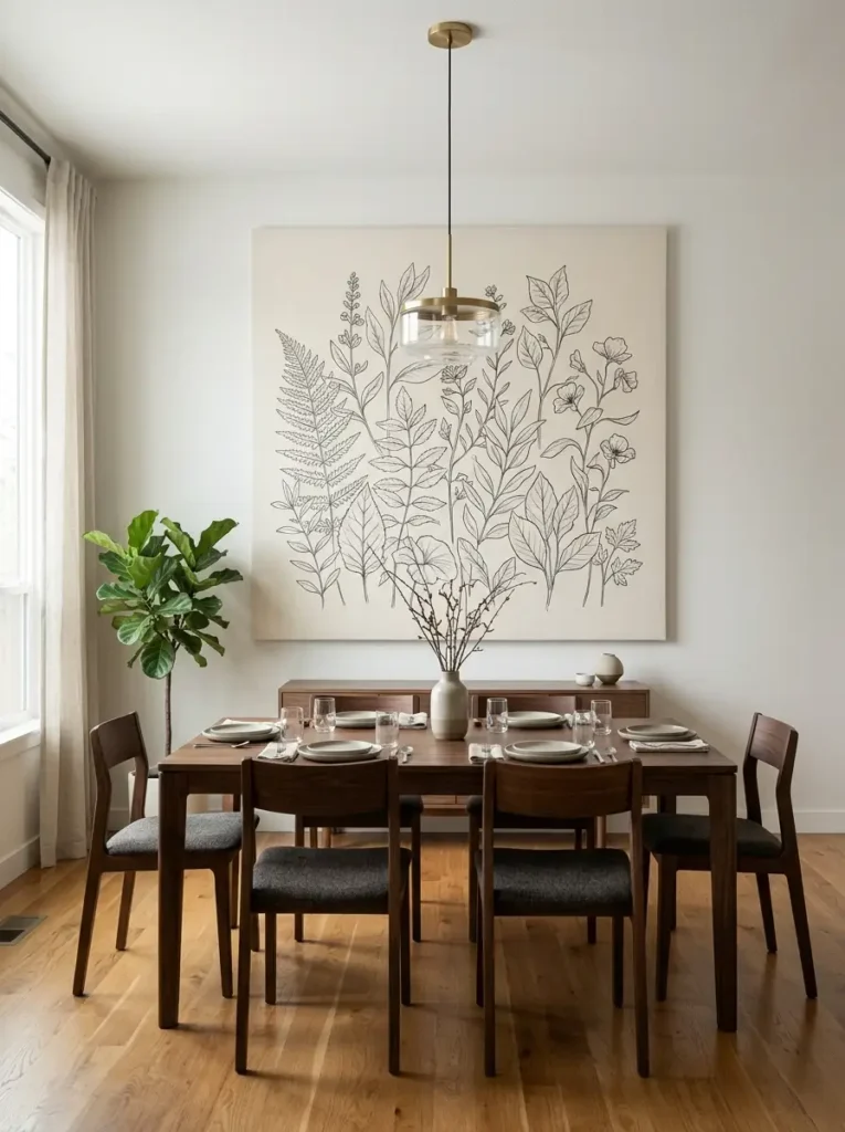 Stretched Fabric Wall Art | StylishGalore Large square canvas featuring black and white botanical line drawings over a wooden credenza