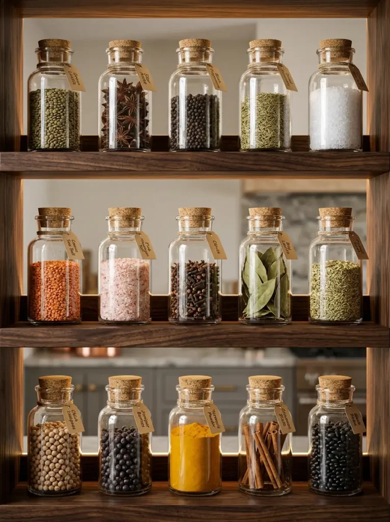 Apothecary Jar Spice Rack Wooden spice rack illuminated from behind holding identical glass jars filled with various colorful spices.