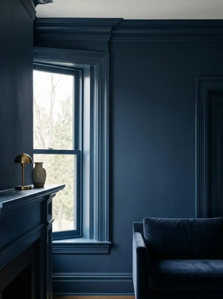 Monochromatic Navy Blue Painted Trim Living room wall window casing and crown molding all painted in the same dark navy blue color