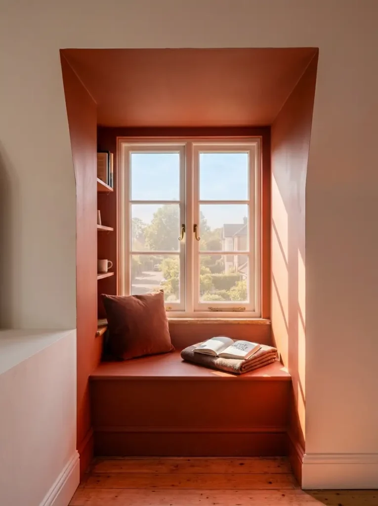 Deep recessed dormer window alcove painted entirely in a rich baked terracotta color.