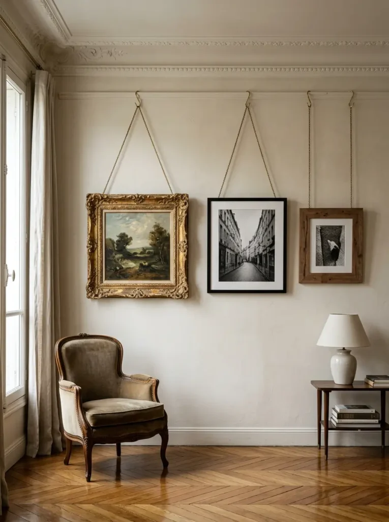 Framed art suspended from a ceiling molding using brass chains