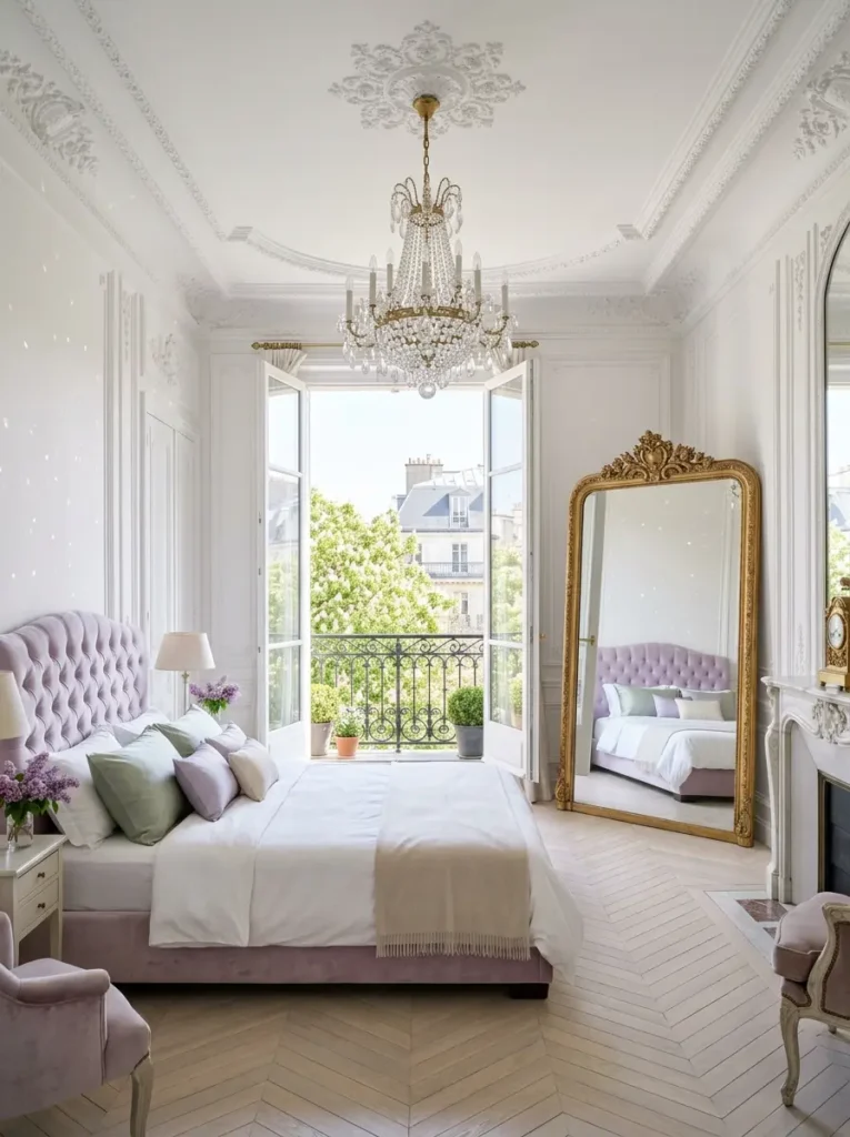 Grand white room with intricate ceiling plaster a lavender tufted bed and large glass doors opening to a sunny city balcony