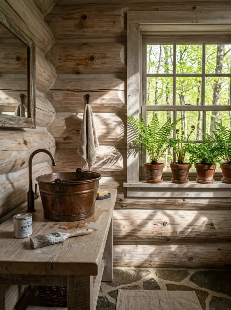 Log cabin bathroom walls with three terracotta pots of ferns on a windowsill.