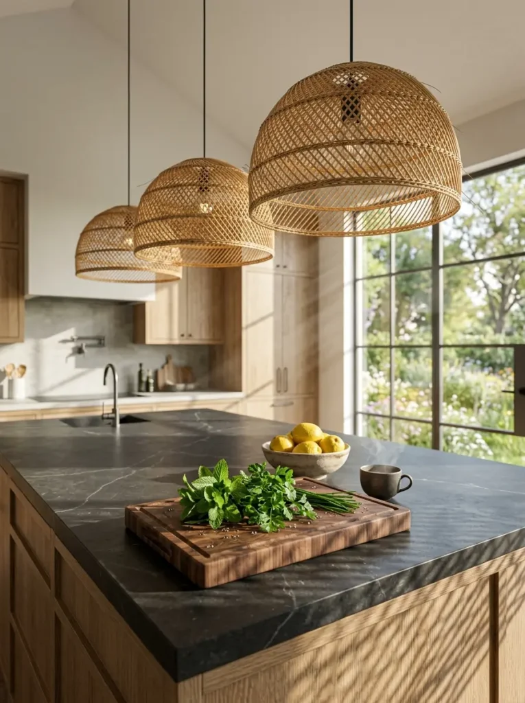 Three large rattan dome lights hanging over a dark stone kitchen island.