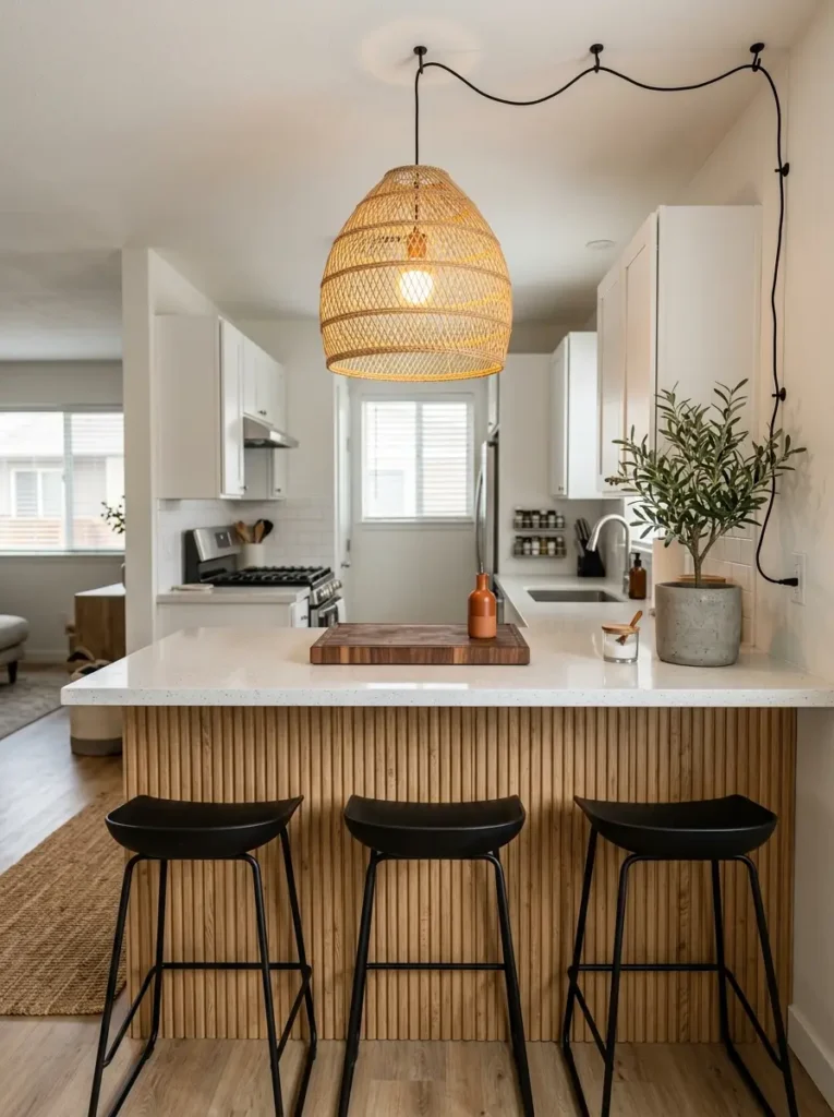 Woven rattan pendant light hanging from a draped black cord over a kitchen counter