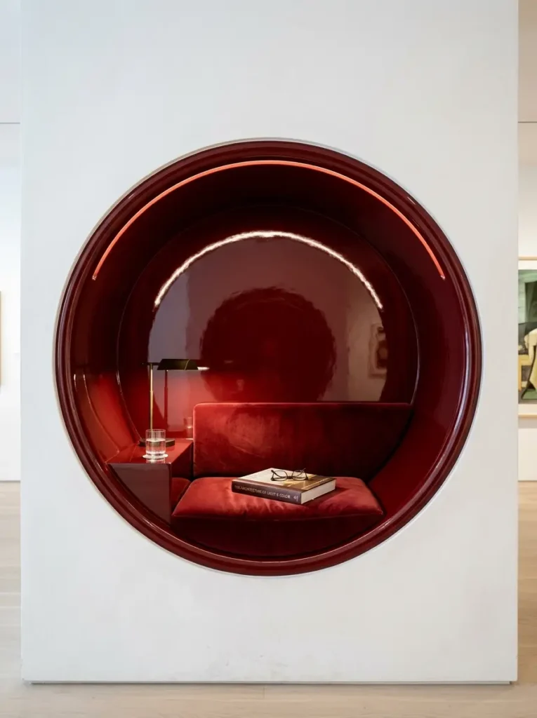 Round glossy red alcove features a built in velvet reading bench