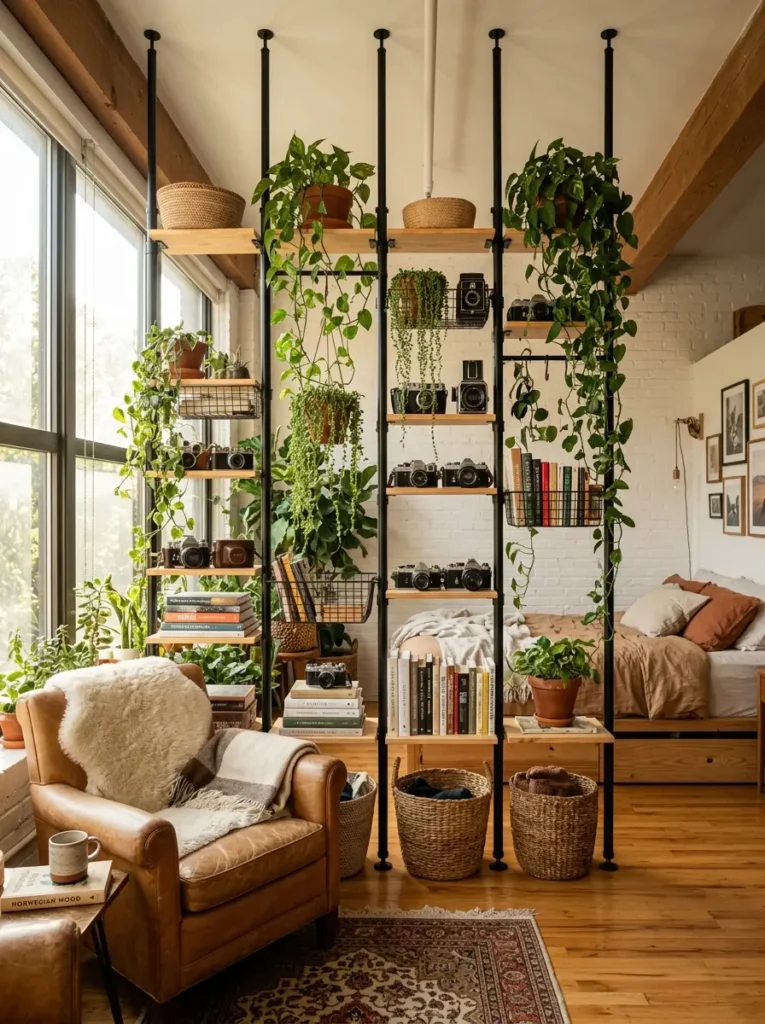 Black metal tension poles reaching the ceiling holding wooden shelves with trailing plants and cameras.