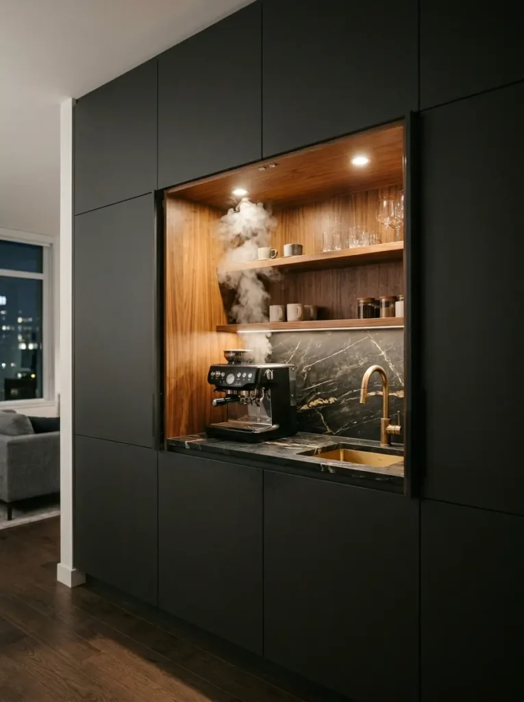 Hidden Cabinet Coffee Station Matte black cabinets with sliding pocket doors revealing a wood lined coffee bar and espresso machine.