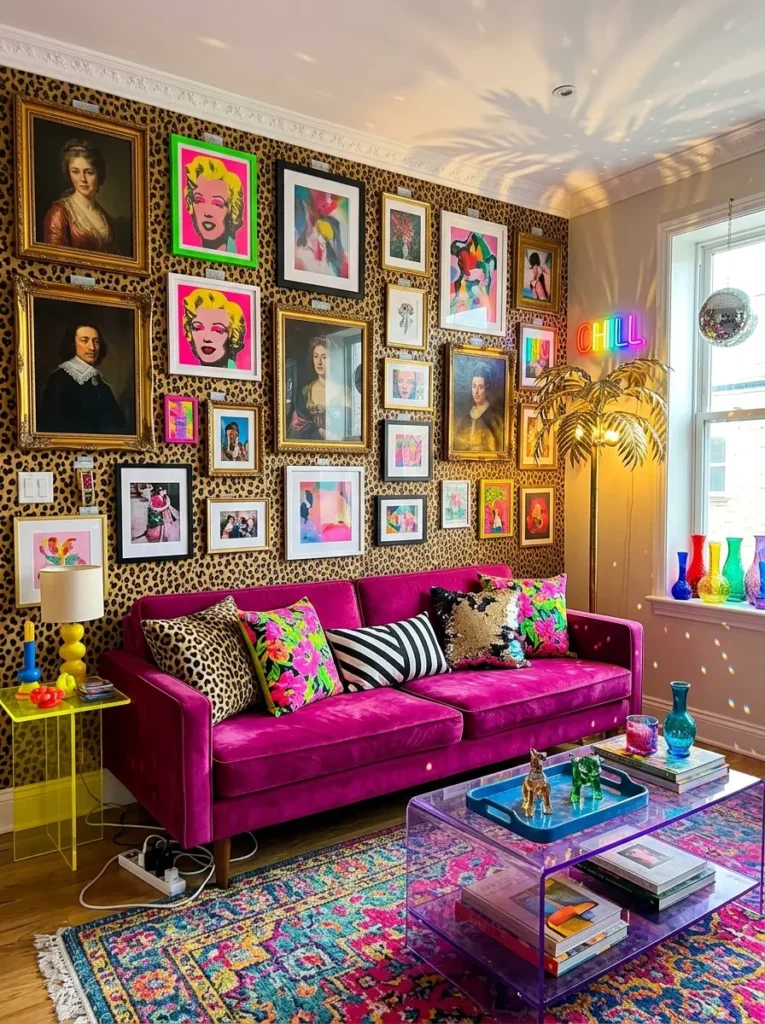 Magenta velvet couch under massive gallery wall on leopard print wallpaper with transparent acrylic coffee table