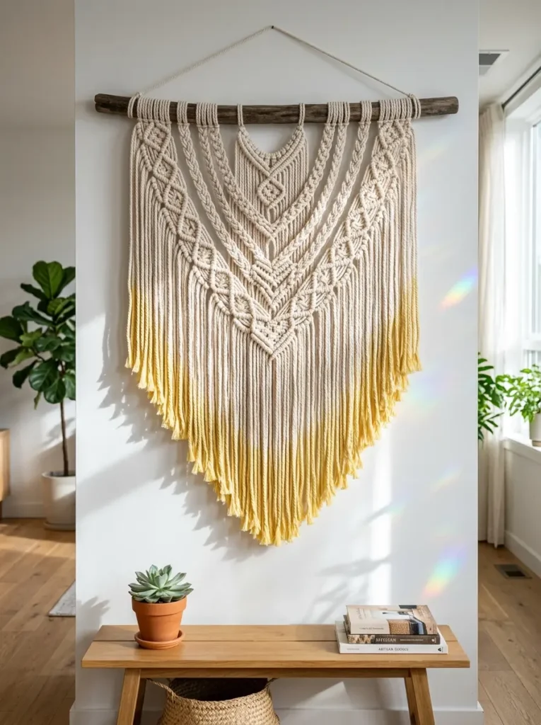Dip dyed macrame wall hanging on a wooden branch.