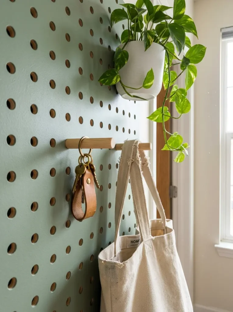 Matte green painted wooden pegboard holding keys and a potted pothos plant