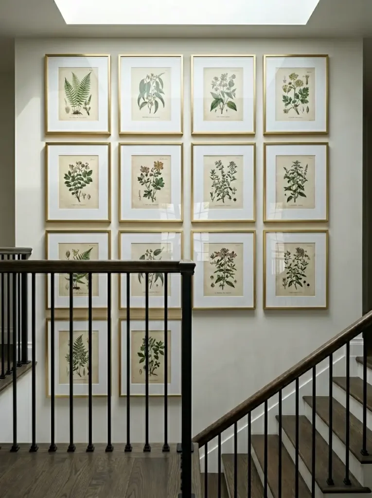 Botanical Print Stairway Gallery Wall Symmetrical gallery wall featuring twelve framed vintage botanical prints hanging above a dark wooden staircase.