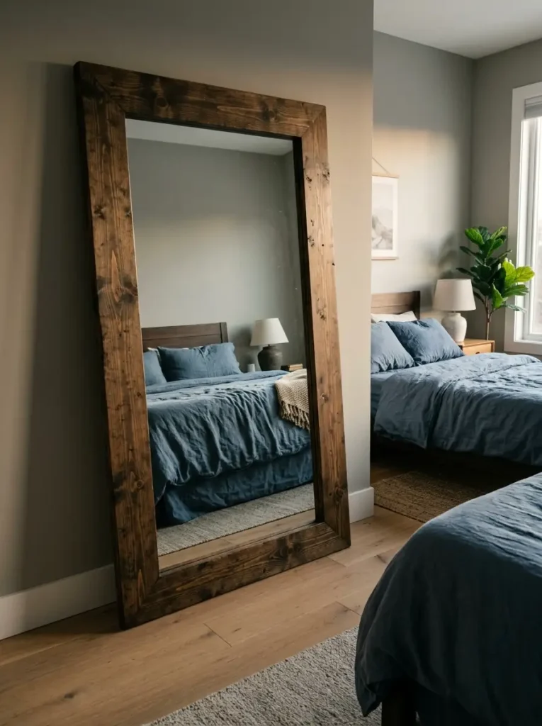 Heavy Wooden Floor Mirror | StylishGalore Massive leaning floor mirror with a thick dark stained wood frame reflecting a blue linen bed