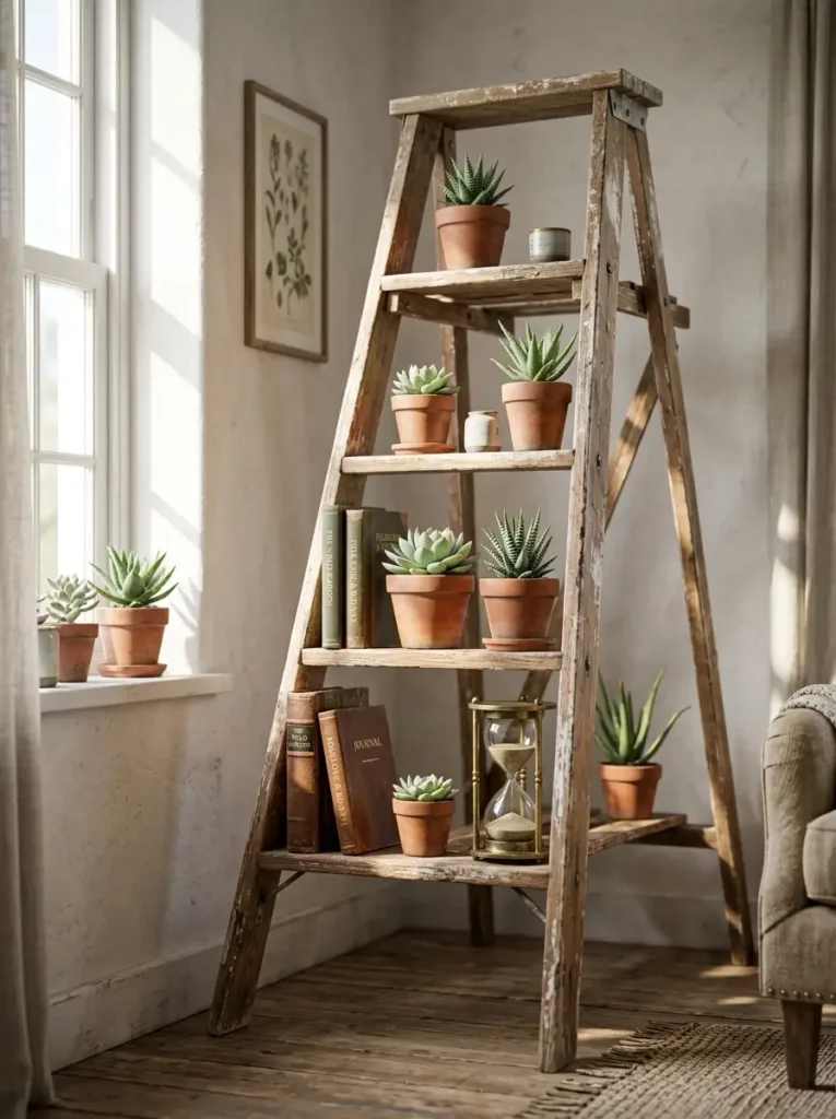 Vintage Ladder Plant Stand Antique weathered wooden A frame ladder holding terracotta pots with green succulents beside a bright window.