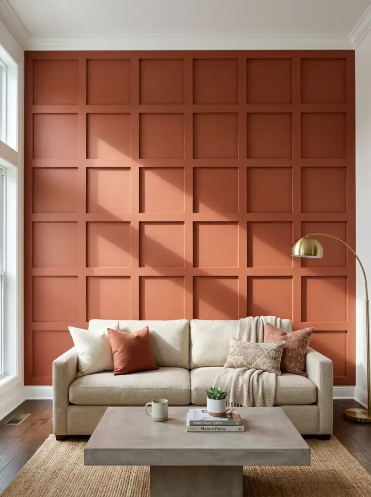 Terracotta Board and Batten Grid Wall Custom square board and batten wall paneling painted warm terracotta behind a light beige living room sofa