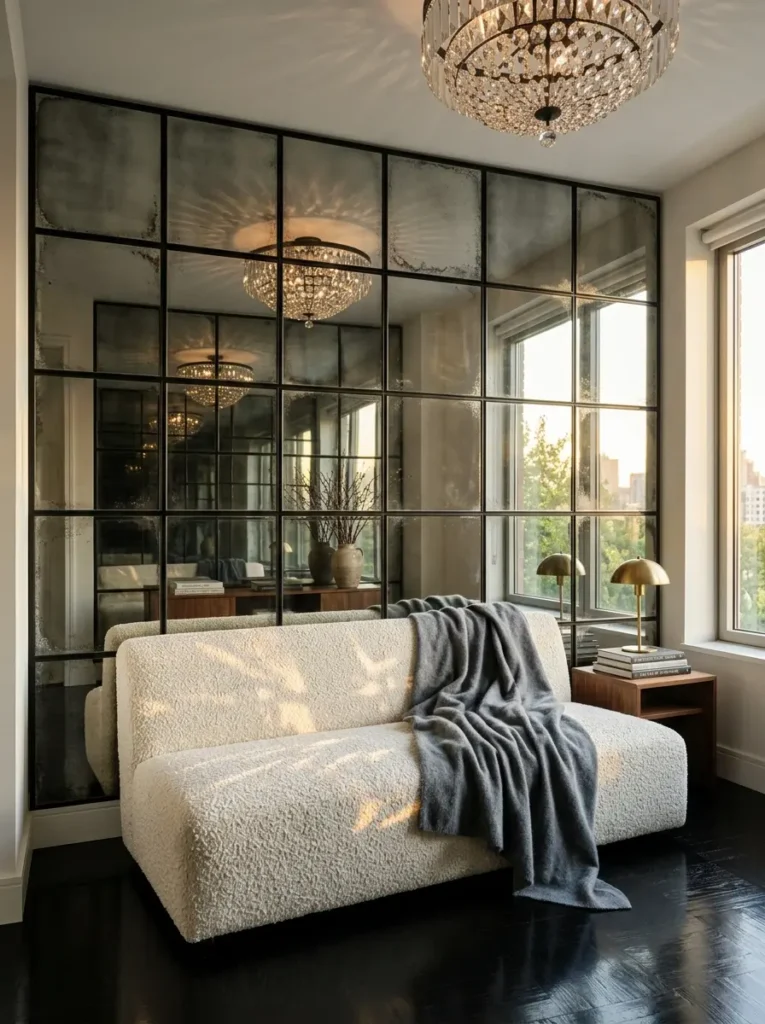 Entire living room wall covered in distressed mirror panels with black grid framing
