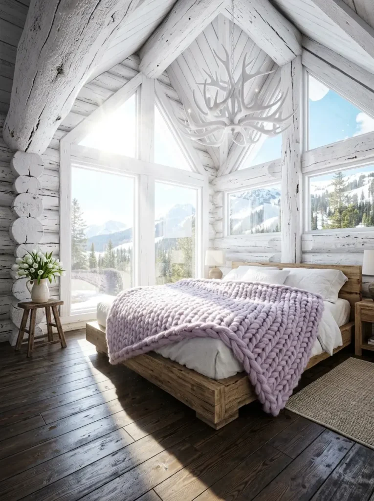 Vaulted ceiling made of white painted logs triangular windows showing snowy mountains and a bed with a chunky purple knit blanket