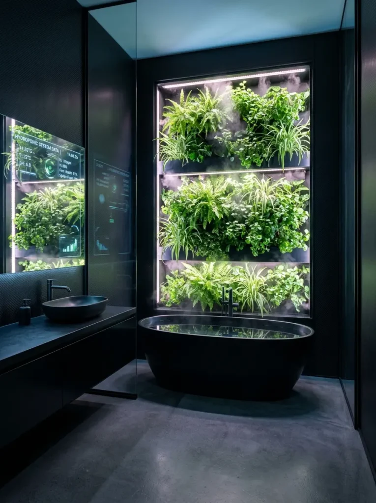 A black modern bathroom with a glowing vertical hydroponic garden wall.