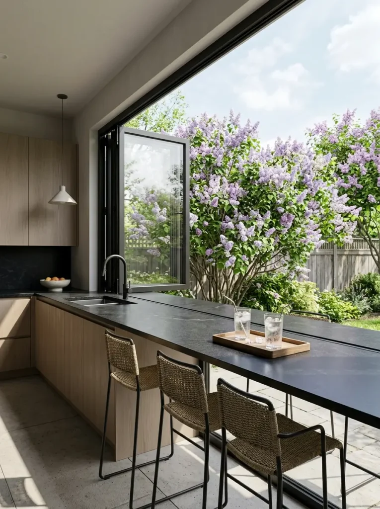 Seamless kitchen counter extending through an open window to a lilac garden.