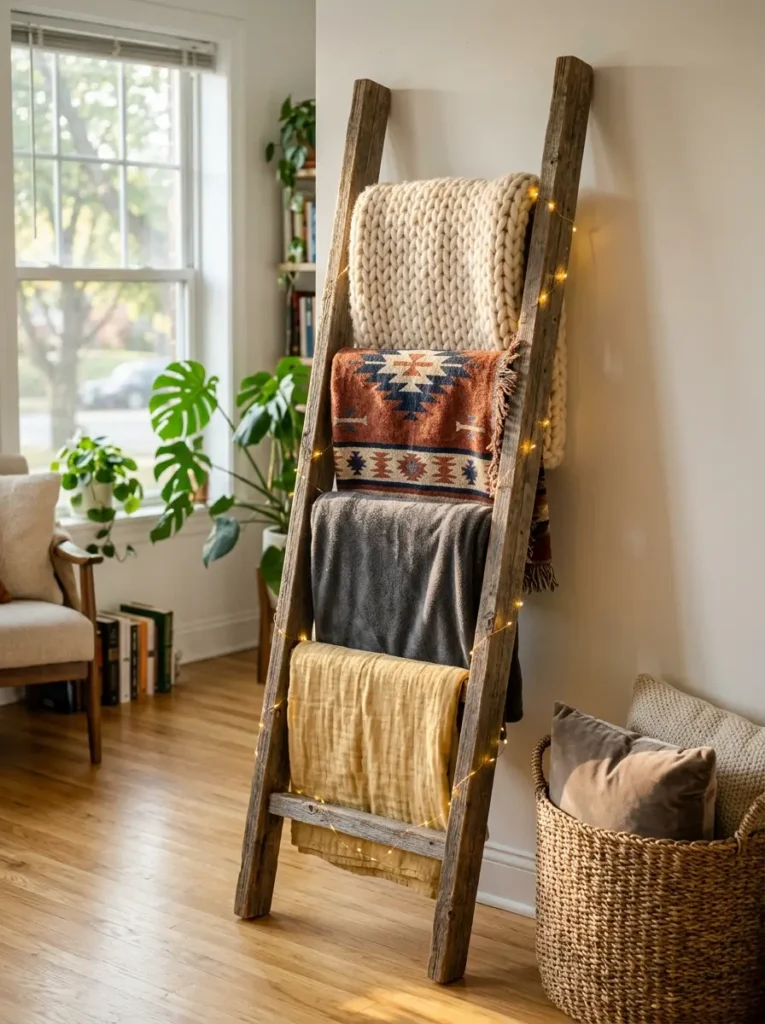 Rustic wooden ladder leaning against a wall holding folded blankets and fairy lights