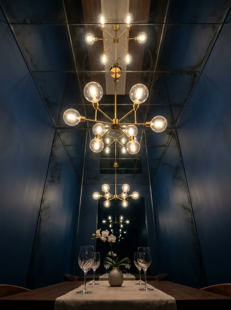 Antiqued mirror panels cover the ceiling above a brass chandelier