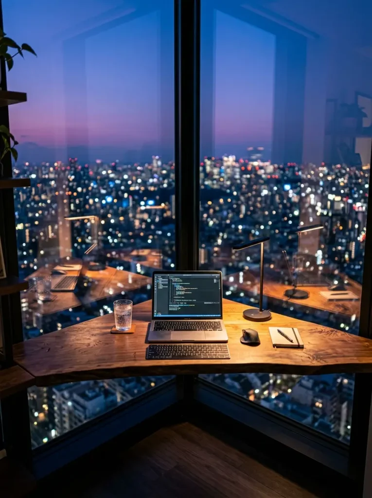 Triangular live edge wood desk wedged into a glass corner window overlooking a city at dusk.