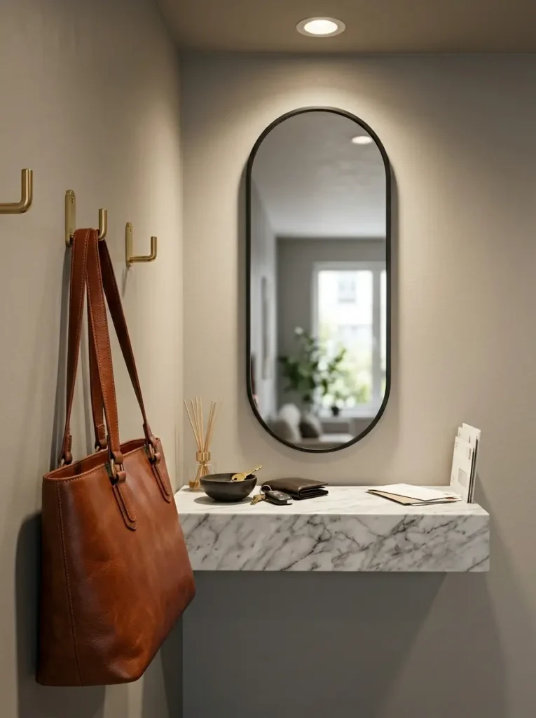 Floating Entryway Drop Zone Small floating marble shelf mounted on a beige wall below an oval black mirror.
