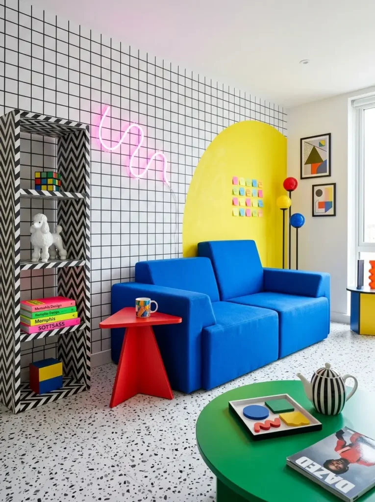 Bright blue modular sofa against black and white grid wall with yellow painted arch and colorful geometric decor