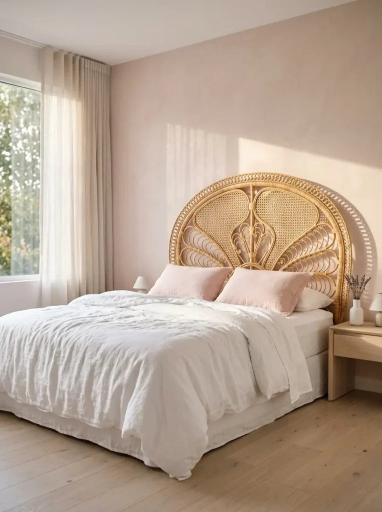 Woven rattan peacock headboard with pink pillows.