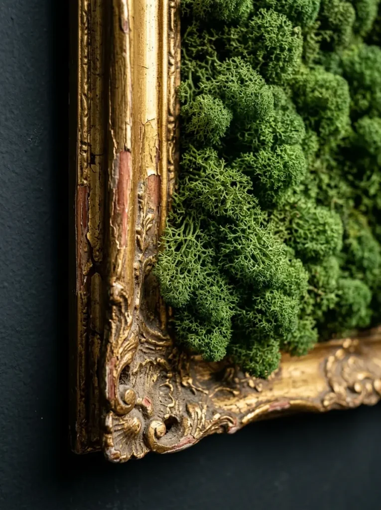 Preserved green reindeer moss packed inside a vintage chipped gold picture frame