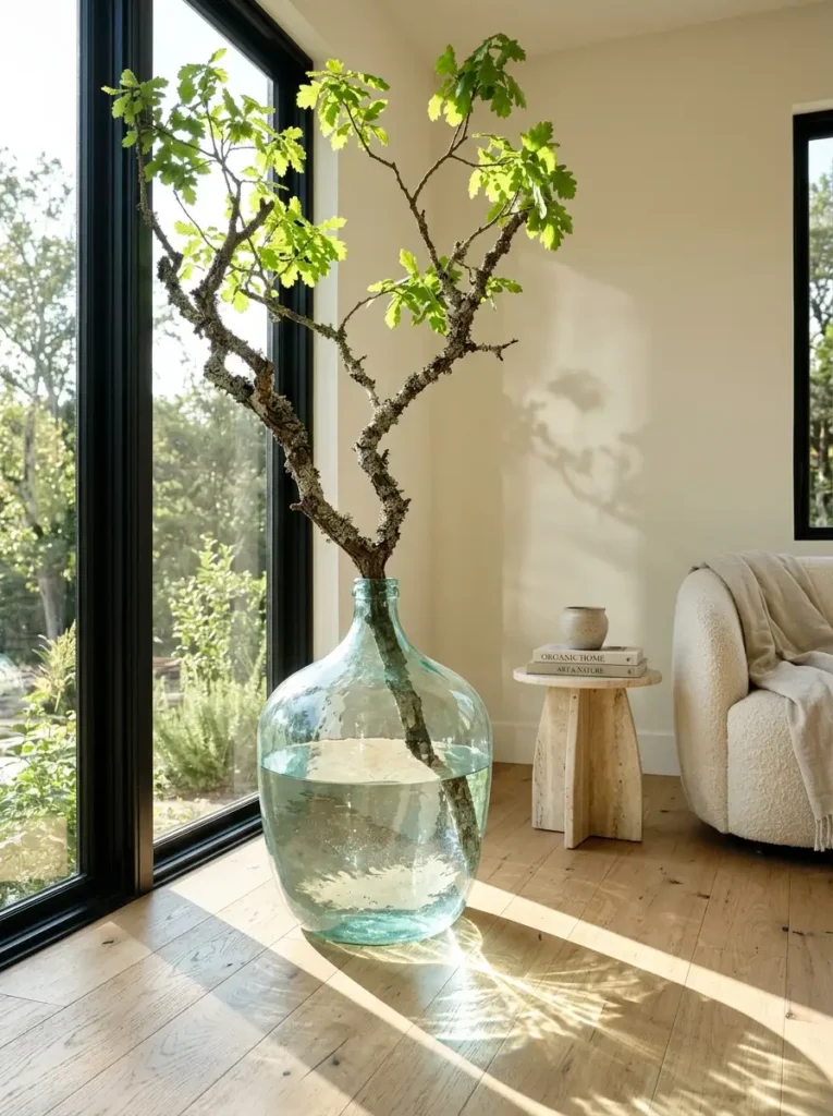 Oversized Glass Demijohn Floor Vase Oversized clear glass demijohn jug filled with water holding a tall leafy tree branch.