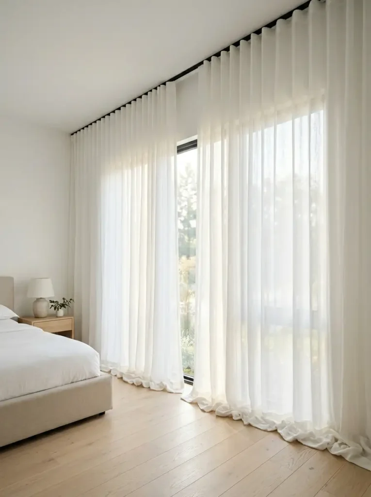 Wall to Wall Sheer Drapery | StylishGalore Floor to ceiling sheer white linen curtains covering a large bedroom window wall