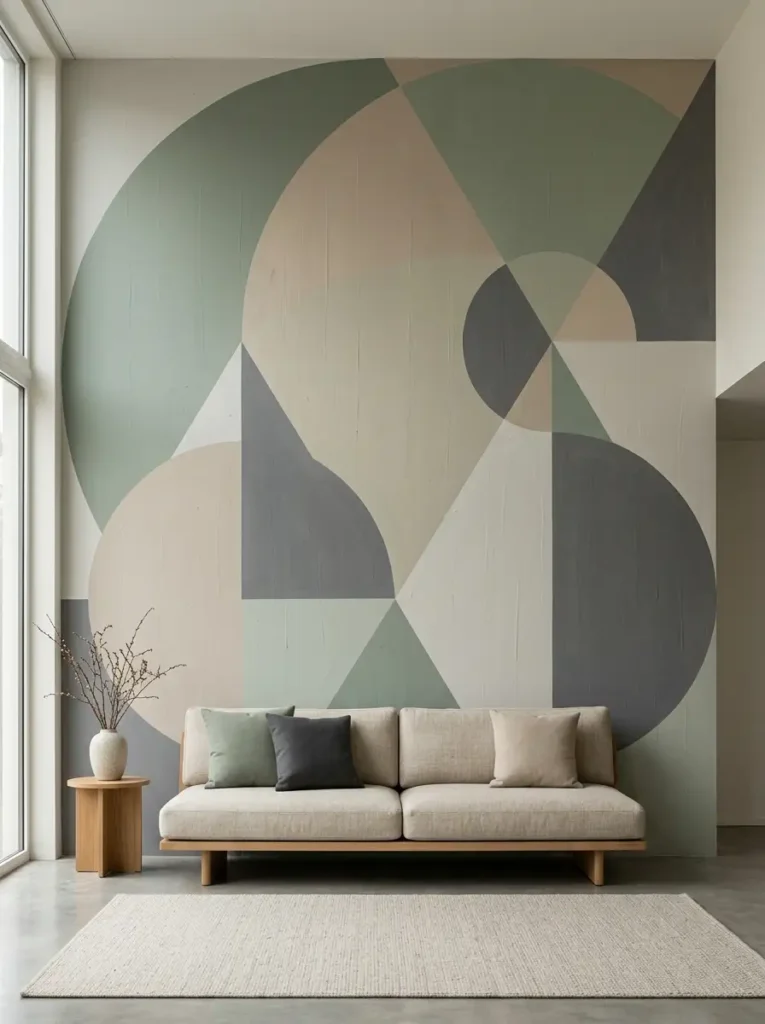 Geometric Wall Art Mural Wide living room wall mural featuring overlapping circles and triangles in muted green beige and gray.