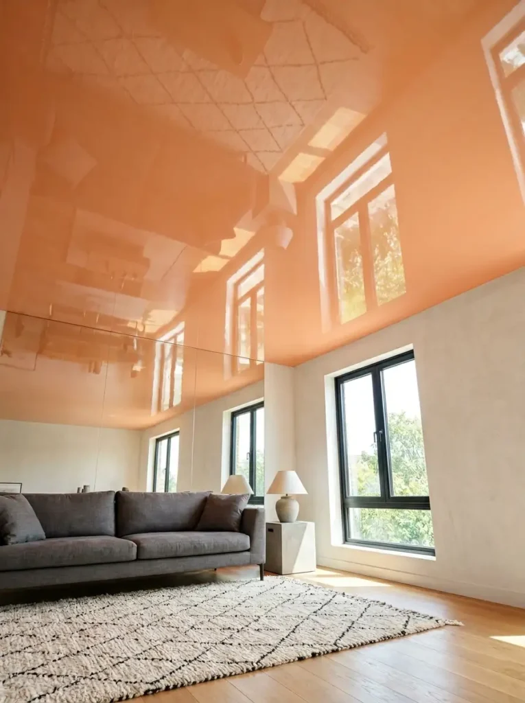 High Gloss Peach Painted Ceiling Ultra high gloss peach painted living room ceiling reflecting the windows and grey sofa below