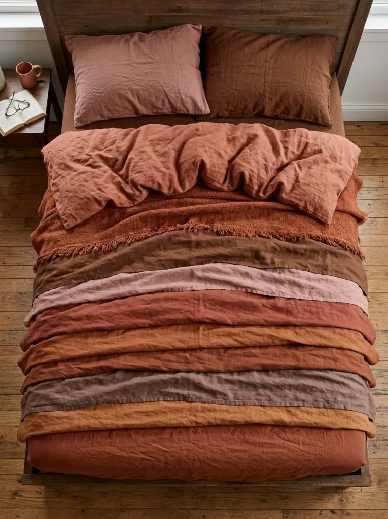 Wooden bed frame draped in multiple layers of wrinkled linen bedding in warm earthy rust tones.