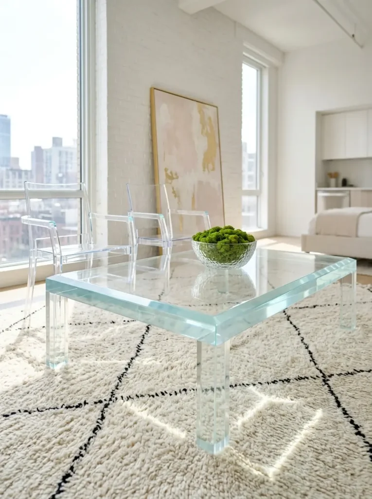Transparent acrylic coffee table and chairs on a white rug